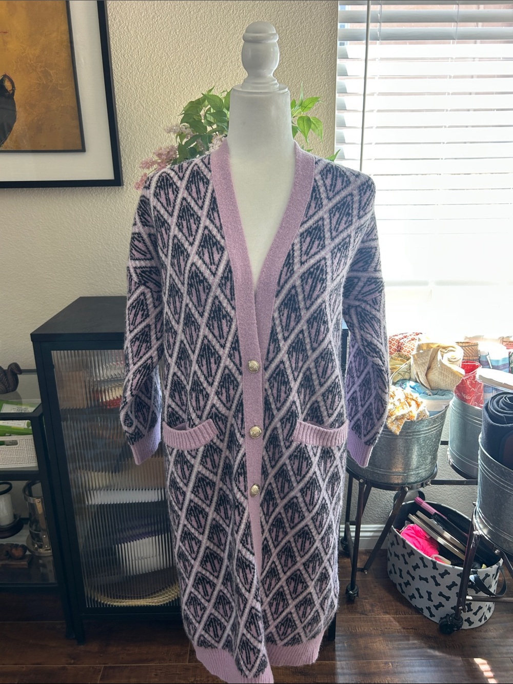 Maje Lavender and Black Geometric Long Cardigan